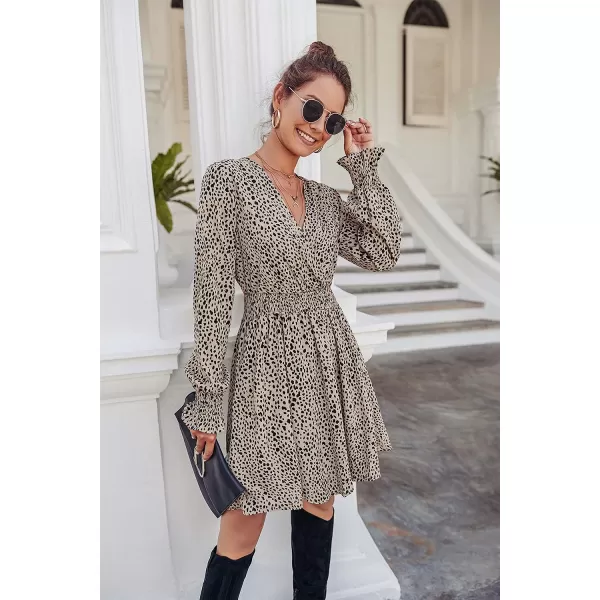 imagePRETTYGARDEN Womens Leopard Mini Dress Long Sleeve V Neck Elastic High Waist Chiffon Swing ALine DressesKhaki