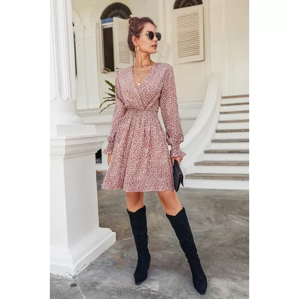 imagePRETTYGARDEN Womens Leopard Mini Dress Long Sleeve V Neck Elastic High Waist Chiffon Swing ALine DressesPink