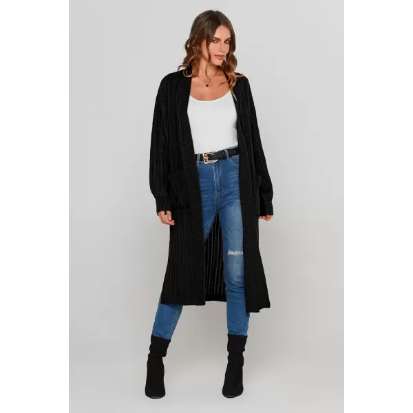imagePRETTYGARDEN Womens Long Cardigan Sweaters Casual Lantern Sleeve Open Front Side Slit Cable Knit Coat OuterwearBlack