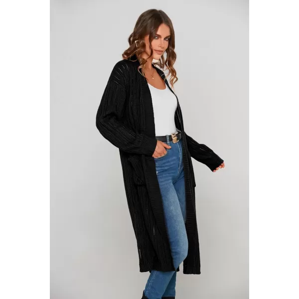 imagePRETTYGARDEN Womens Long Cardigan Sweaters Casual Lantern Sleeve Open Front Side Slit Cable Knit Coat OuterwearBlack