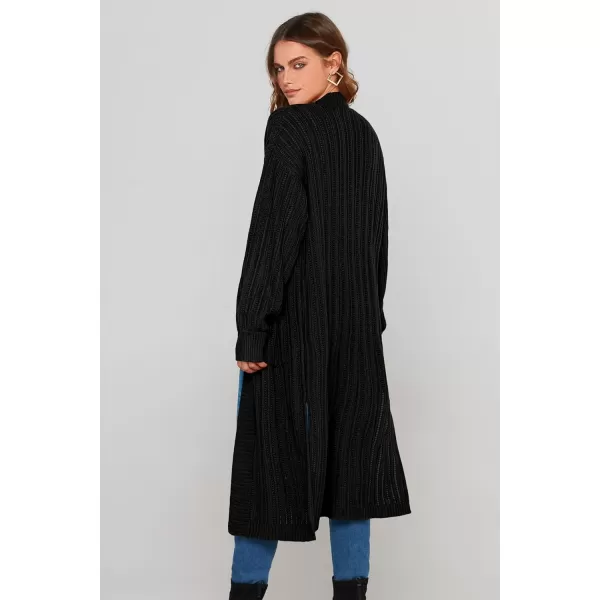 imagePRETTYGARDEN Womens Long Cardigan Sweaters Casual Lantern Sleeve Open Front Side Slit Cable Knit Coat OuterwearBlack