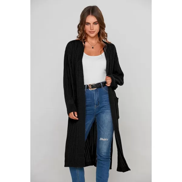 imagePRETTYGARDEN Womens Long Cardigan Sweaters Casual Lantern Sleeve Open Front Side Slit Cable Knit Coat OuterwearBlack
