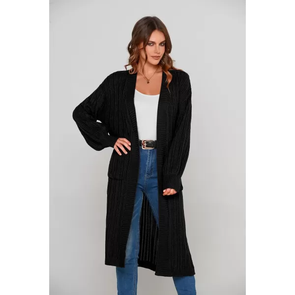 imagePRETTYGARDEN Womens Long Cardigan Sweaters Casual Lantern Sleeve Open Front Side Slit Cable Knit Coat OuterwearBlack