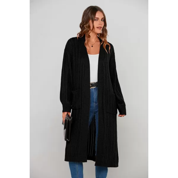 imagePRETTYGARDEN Womens Long Cardigan Sweaters Casual Lantern Sleeve Open Front Side Slit Cable Knit Coat OuterwearBlack