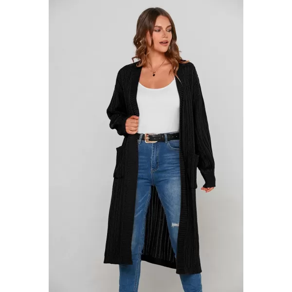 imagePRETTYGARDEN Womens Long Cardigan Sweaters Casual Lantern Sleeve Open Front Side Slit Cable Knit Coat OuterwearBlack