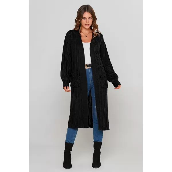imagePRETTYGARDEN Womens Long Cardigan Sweaters Casual Lantern Sleeve Open Front Side Slit Cable Knit Coat OuterwearBlack