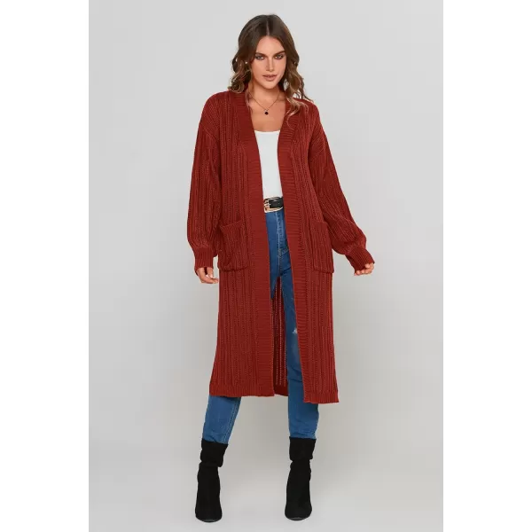 imagePRETTYGARDEN Womens Long Cardigan Sweaters Casual Lantern Sleeve Open Front Side Slit Cable Knit Coat OuterwearBrick Red