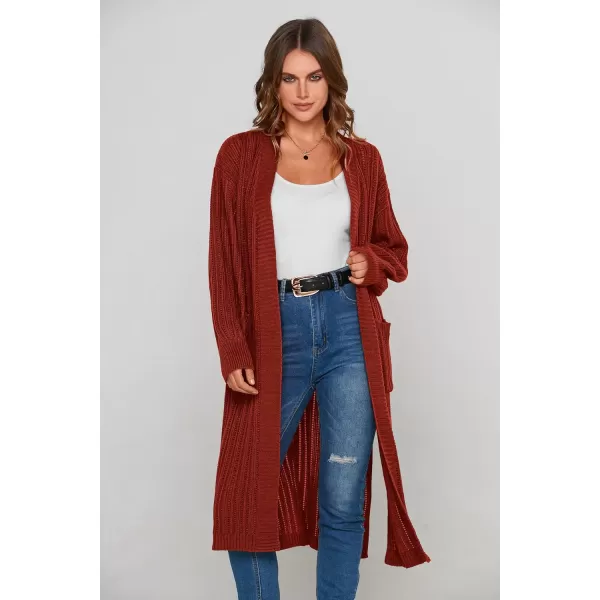imagePRETTYGARDEN Womens Long Cardigan Sweaters Casual Lantern Sleeve Open Front Side Slit Cable Knit Coat OuterwearBrick Red
