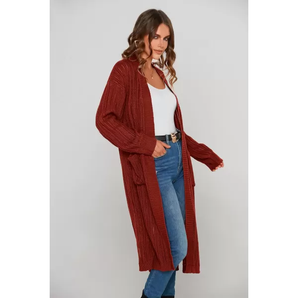 imagePRETTYGARDEN Womens Long Cardigan Sweaters Casual Lantern Sleeve Open Front Side Slit Cable Knit Coat OuterwearBrick Red
