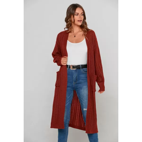 imagePRETTYGARDEN Womens Long Cardigan Sweaters Casual Lantern Sleeve Open Front Side Slit Cable Knit Coat OuterwearBrick Red