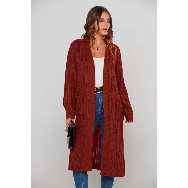 imagePRETTYGARDEN Womens Long Cardigan Sweaters Casual Lantern Sleeve Open Front Side Slit Cable Knit Coat OuterwearBrick Red