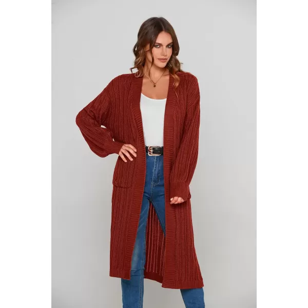 imagePRETTYGARDEN Womens Long Cardigan Sweaters Casual Lantern Sleeve Open Front Side Slit Cable Knit Coat OuterwearBrick Red