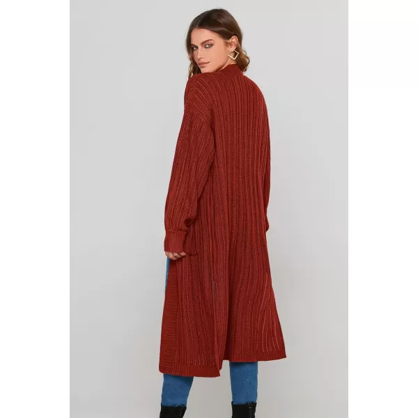 imagePRETTYGARDEN Womens Long Cardigan Sweaters Casual Lantern Sleeve Open Front Side Slit Cable Knit Coat OuterwearBrick Red