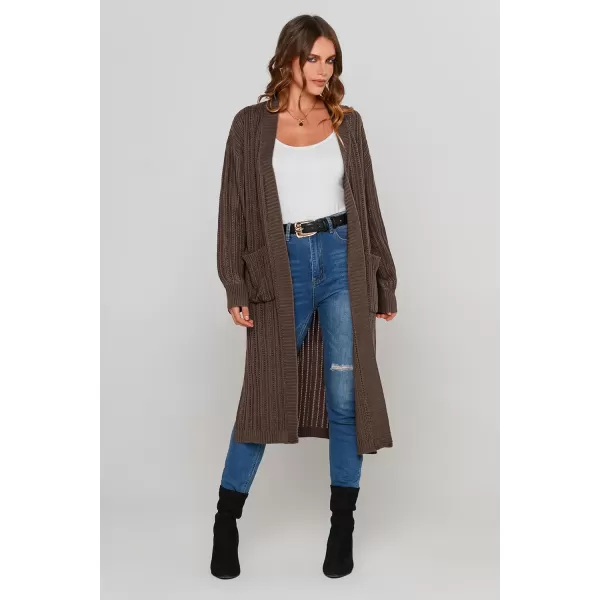 imagePRETTYGARDEN Womens Long Cardigan Sweaters Casual Lantern Sleeve Open Front Side Slit Cable Knit Coat OuterwearDark Khaki