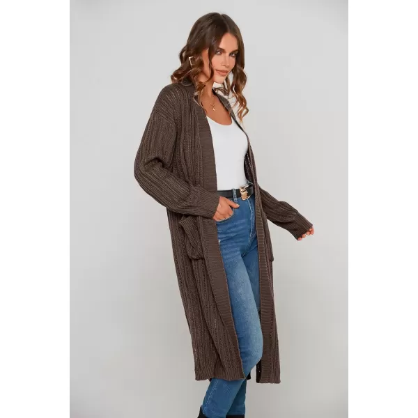 imagePRETTYGARDEN Womens Long Cardigan Sweaters Casual Lantern Sleeve Open Front Side Slit Cable Knit Coat OuterwearDark Khaki