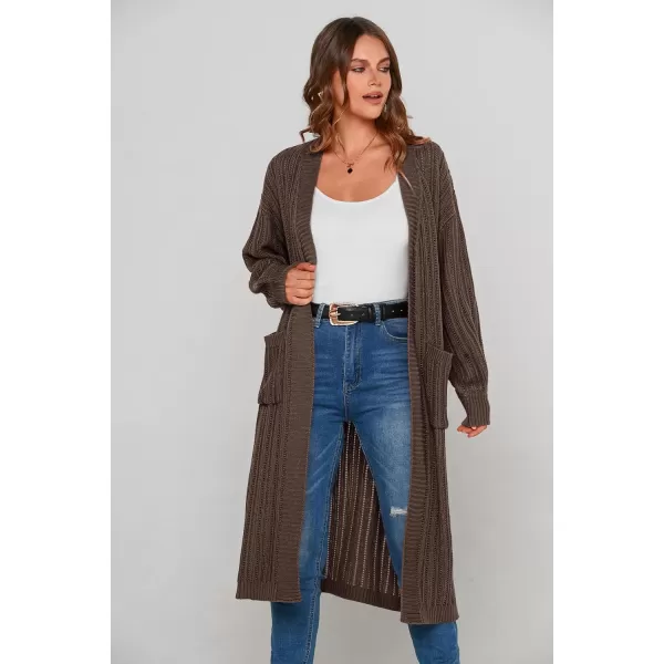 imagePRETTYGARDEN Womens Long Cardigan Sweaters Casual Lantern Sleeve Open Front Side Slit Cable Knit Coat OuterwearDark Khaki
