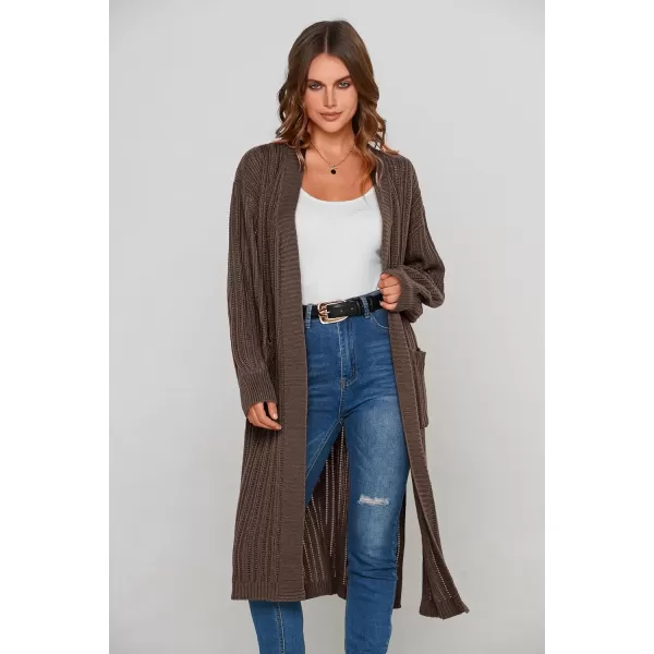 imagePRETTYGARDEN Womens Long Cardigan Sweaters Casual Lantern Sleeve Open Front Side Slit Cable Knit Coat OuterwearDark Khaki
