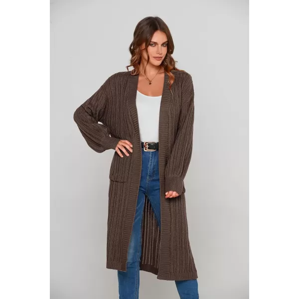 imagePRETTYGARDEN Womens Long Cardigan Sweaters Casual Lantern Sleeve Open Front Side Slit Cable Knit Coat OuterwearDark Khaki