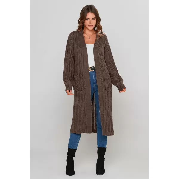 imagePRETTYGARDEN Womens Long Cardigan Sweaters Casual Lantern Sleeve Open Front Side Slit Cable Knit Coat OuterwearDark Khaki