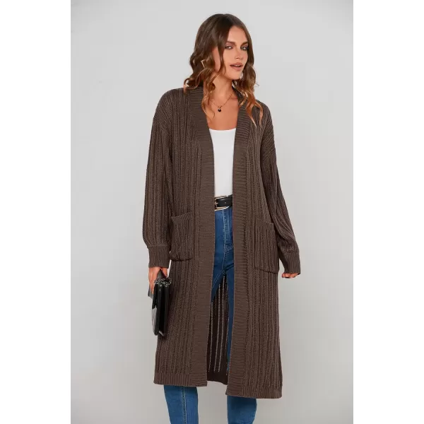imagePRETTYGARDEN Womens Long Cardigan Sweaters Casual Lantern Sleeve Open Front Side Slit Cable Knit Coat OuterwearDark Khaki