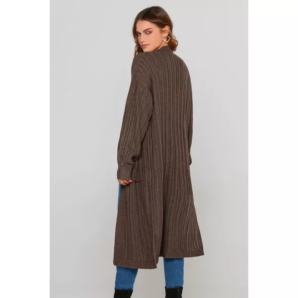imagePRETTYGARDEN Womens Long Cardigan Sweaters Casual Lantern Sleeve Open Front Side Slit Cable Knit Coat OuterwearDark Khaki