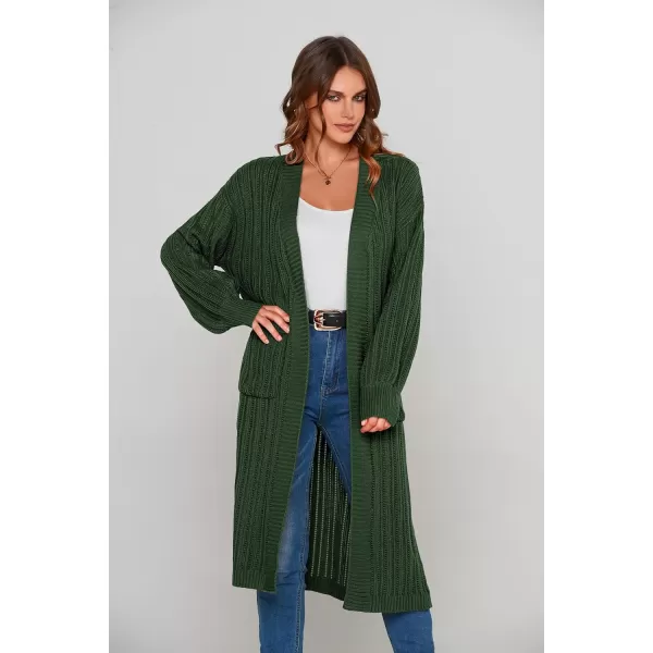 imagePRETTYGARDEN Womens Long Cardigan Sweaters Casual Lantern Sleeve Open Front Side Slit Cable Knit Coat OuterwearGreen