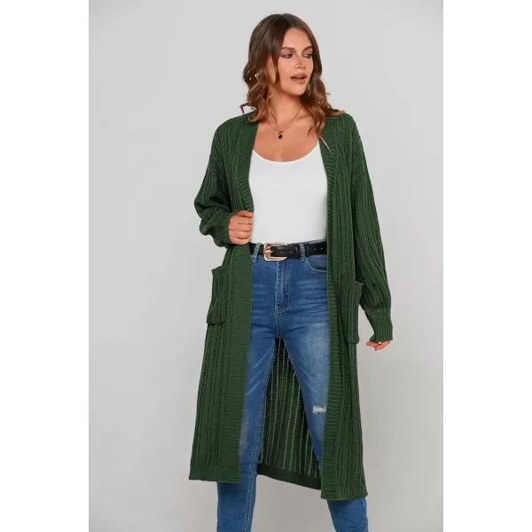 imagePRETTYGARDEN Womens Long Cardigan Sweaters Casual Lantern Sleeve Open Front Side Slit Cable Knit Coat OuterwearGreen