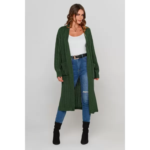 imagePRETTYGARDEN Womens Long Cardigan Sweaters Casual Lantern Sleeve Open Front Side Slit Cable Knit Coat OuterwearGreen