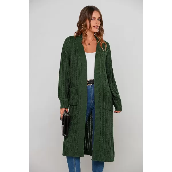 imagePRETTYGARDEN Womens Long Cardigan Sweaters Casual Lantern Sleeve Open Front Side Slit Cable Knit Coat OuterwearGreen