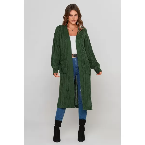 imagePRETTYGARDEN Womens Long Cardigan Sweaters Casual Lantern Sleeve Open Front Side Slit Cable Knit Coat OuterwearGreen