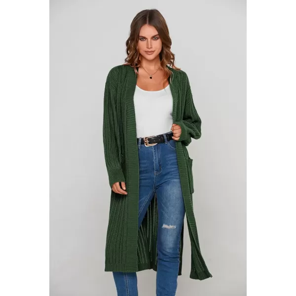 imagePRETTYGARDEN Womens Long Cardigan Sweaters Casual Lantern Sleeve Open Front Side Slit Cable Knit Coat OuterwearGreen
