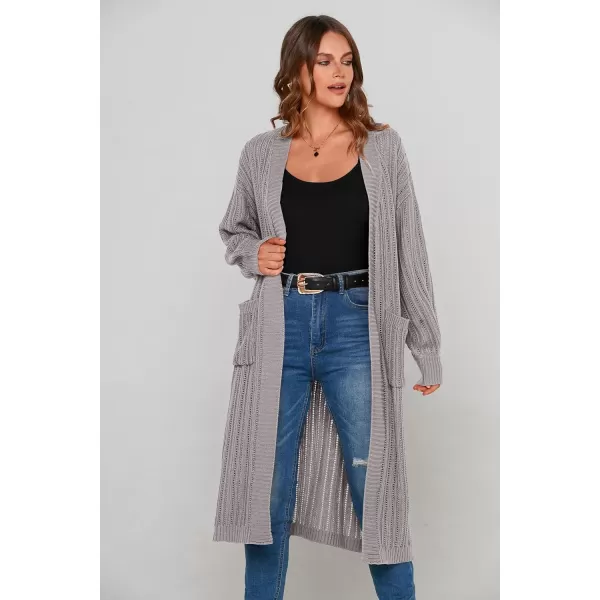 imagePRETTYGARDEN Womens Long Cardigan Sweaters Casual Lantern Sleeve Open Front Side Slit Cable Knit Coat OuterwearLight Grey