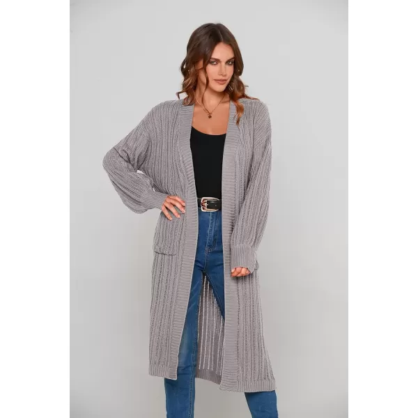 imagePRETTYGARDEN Womens Long Cardigan Sweaters Casual Lantern Sleeve Open Front Side Slit Cable Knit Coat OuterwearLight Grey