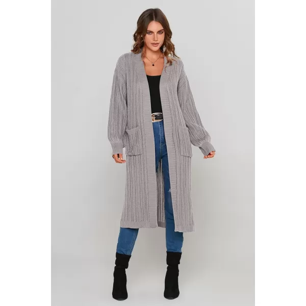 imagePRETTYGARDEN Womens Long Cardigan Sweaters Casual Lantern Sleeve Open Front Side Slit Cable Knit Coat OuterwearLight Grey