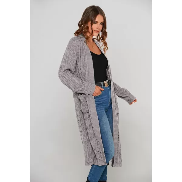 imagePRETTYGARDEN Womens Long Cardigan Sweaters Casual Lantern Sleeve Open Front Side Slit Cable Knit Coat OuterwearLight Grey