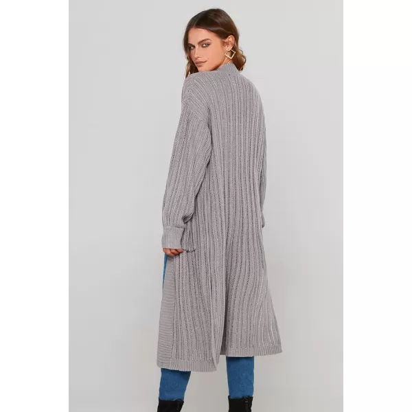 imagePRETTYGARDEN Womens Long Cardigan Sweaters Casual Lantern Sleeve Open Front Side Slit Cable Knit Coat OuterwearLight Grey