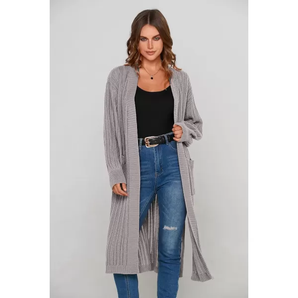 imagePRETTYGARDEN Womens Long Cardigan Sweaters Casual Lantern Sleeve Open Front Side Slit Cable Knit Coat OuterwearLight Grey