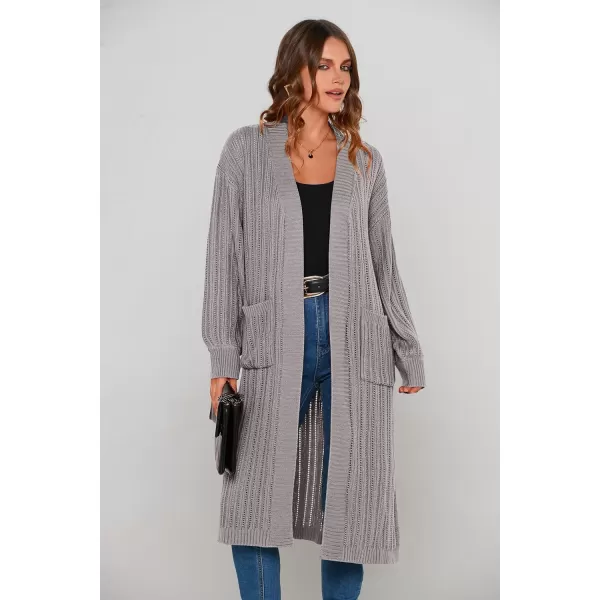 imagePRETTYGARDEN Womens Long Cardigan Sweaters Casual Lantern Sleeve Open Front Side Slit Cable Knit Coat OuterwearLight Grey