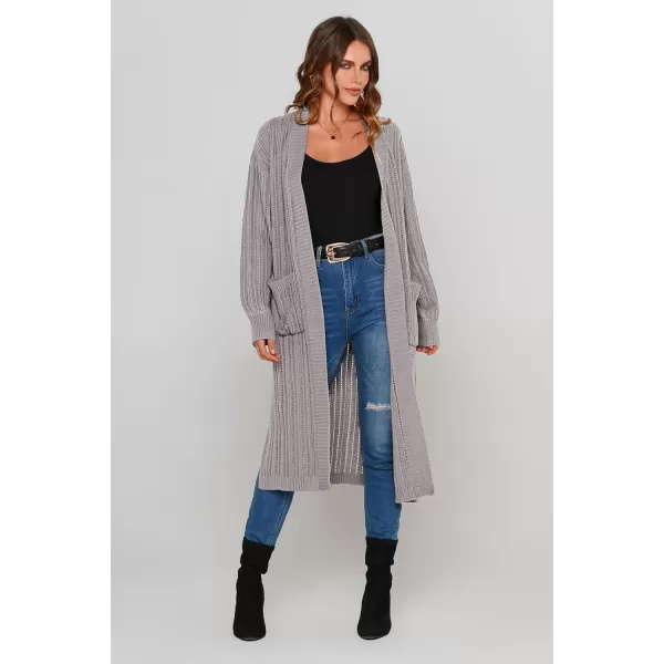 imagePRETTYGARDEN Womens Long Cardigan Sweaters Casual Lantern Sleeve Open Front Side Slit Cable Knit Coat OuterwearLight Grey