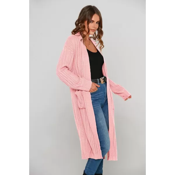 imagePRETTYGARDEN Womens Long Cardigan Sweaters Casual Lantern Sleeve Open Front Side Slit Cable Knit Coat OuterwearLight Pink