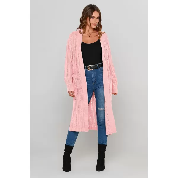 imagePRETTYGARDEN Womens Long Cardigan Sweaters Casual Lantern Sleeve Open Front Side Slit Cable Knit Coat OuterwearLight Pink