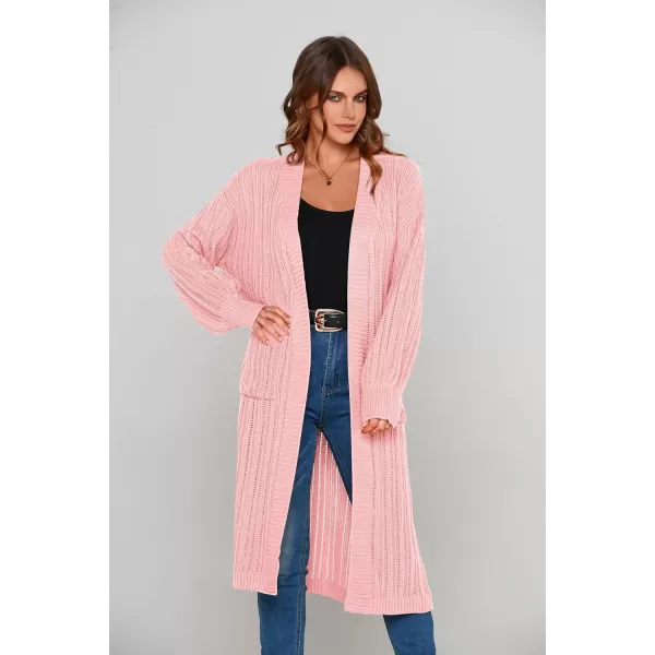 imagePRETTYGARDEN Womens Long Cardigan Sweaters Casual Lantern Sleeve Open Front Side Slit Cable Knit Coat OuterwearLight Pink