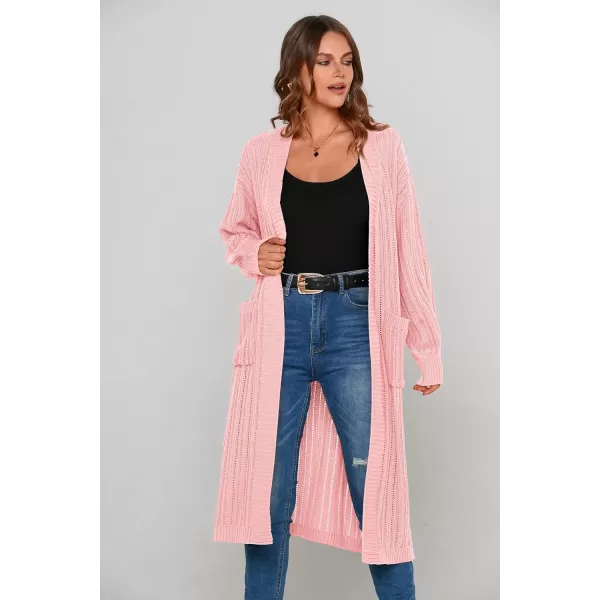 imagePRETTYGARDEN Womens Long Cardigan Sweaters Casual Lantern Sleeve Open Front Side Slit Cable Knit Coat OuterwearLight Pink