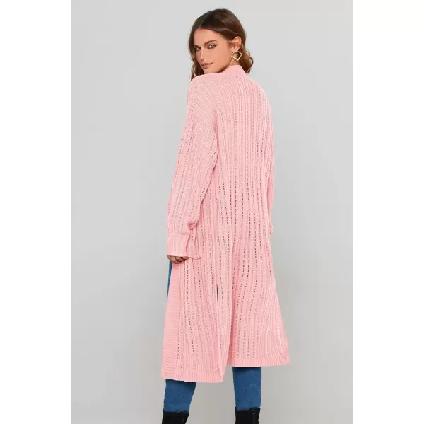 imagePRETTYGARDEN Womens Long Cardigan Sweaters Casual Lantern Sleeve Open Front Side Slit Cable Knit Coat OuterwearLight Pink
