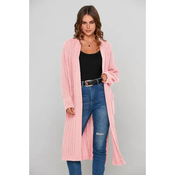imagePRETTYGARDEN Womens Long Cardigan Sweaters Casual Lantern Sleeve Open Front Side Slit Cable Knit Coat OuterwearLight Pink