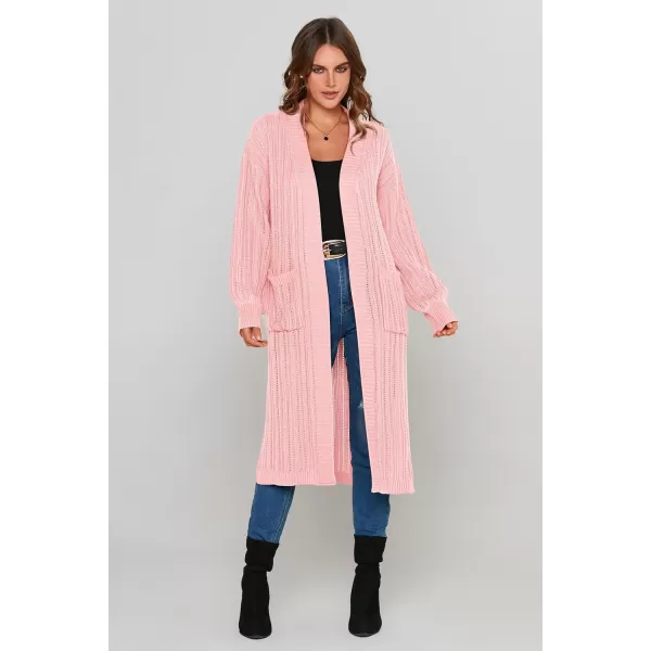 imagePRETTYGARDEN Womens Long Cardigan Sweaters Casual Lantern Sleeve Open Front Side Slit Cable Knit Coat OuterwearLight Pink