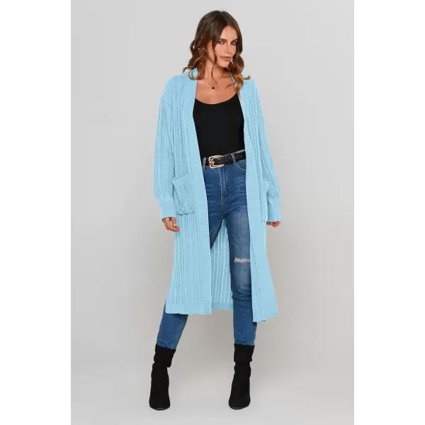 imagePRETTYGARDEN Womens Long Cardigan Sweaters Casual Lantern Sleeve Open Front Side Slit Cable Knit Coat OuterwearSky Blue