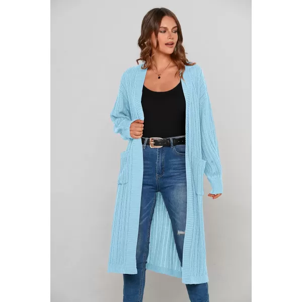 imagePRETTYGARDEN Womens Long Cardigan Sweaters Casual Lantern Sleeve Open Front Side Slit Cable Knit Coat OuterwearSky Blue