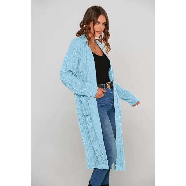 imagePRETTYGARDEN Womens Long Cardigan Sweaters Casual Lantern Sleeve Open Front Side Slit Cable Knit Coat OuterwearSky Blue