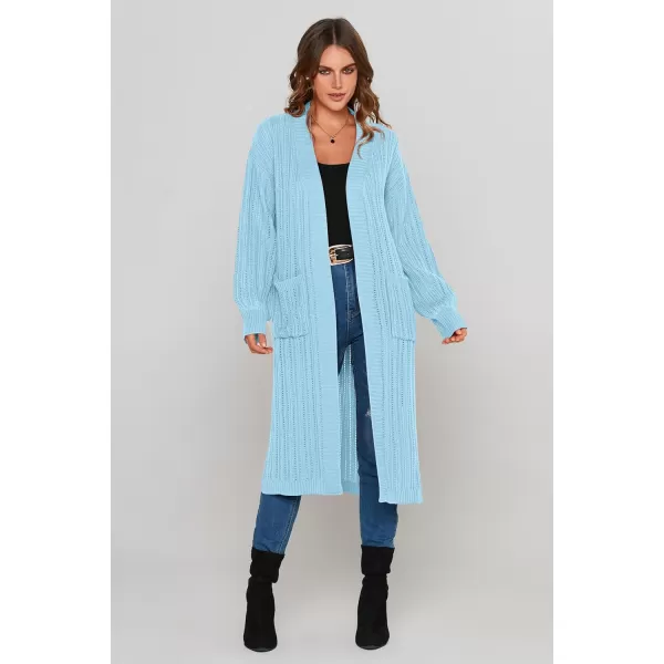 imagePRETTYGARDEN Womens Long Cardigan Sweaters Casual Lantern Sleeve Open Front Side Slit Cable Knit Coat OuterwearSky Blue